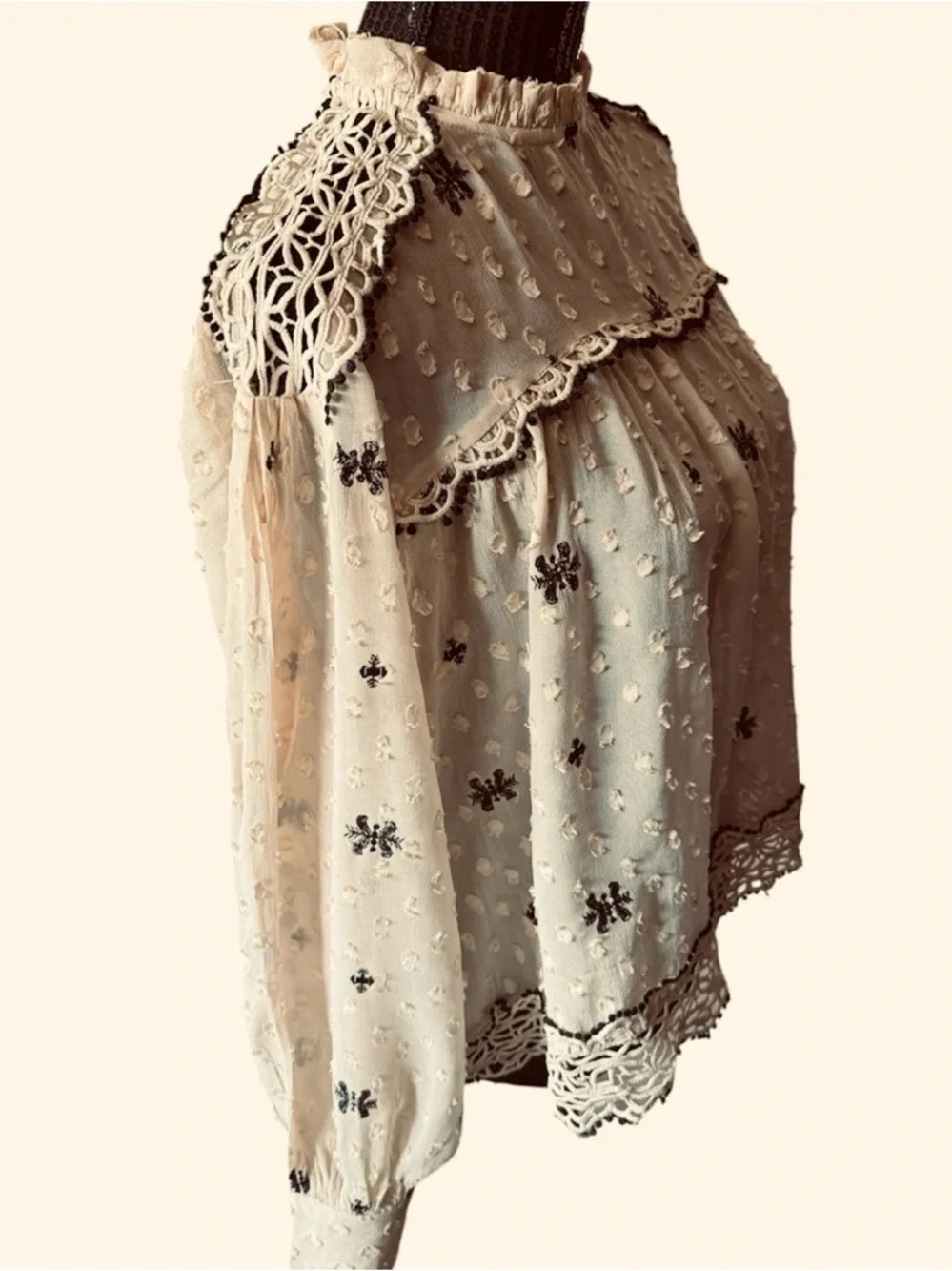 ZARA Vintage-Inspired Cream Embroidered Blouse